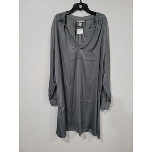 H&M Gray Long Sleeve V Neck Pleated Detail Dress Women's XL Satin #11